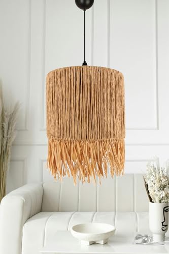 Opviq Elegant Oak Chandelier with Adjustable Height (25-67 cm), Plastic Body & Jute Cap, Ø25 cm | Max 40W E27 Bulb (Not Included) | Stylish Lighting for Modern Spaces von Opviq