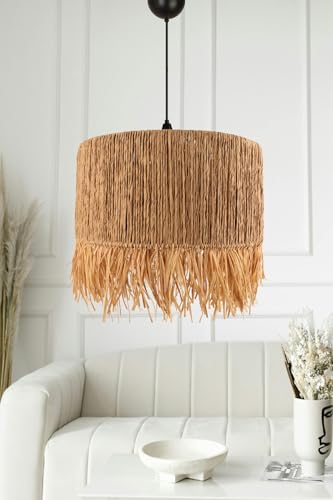 Opviq Elegant Oak Chandelier with Adjustable Height (30-85 cm), Plastic Body & Jute Cap, 40 cm Diameter | Max 40W E27 Bulb, Stylish Lighting for Modern Spaces von Opviq