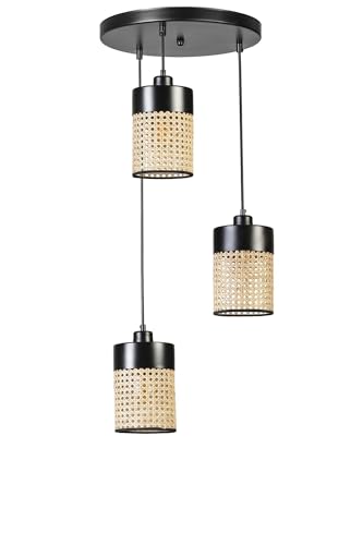 Opviq Elegant Rattan Chandelier, Adjustable Height 70 cm, Metal Body with Natural Rattan Cap, E27 Socket, 14 cm Cap Diameter, Stylish Black Finish for Modern Spaces von Opviq