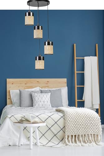 Opviq Elegant Rattan Chandelier, Adjustable Height 70 cm, Metal Body with Natural Rattan Cap, E27 Socket, 14 cm Cap Diameter, Stylish Black Finish for Modern Spaces von Opviq