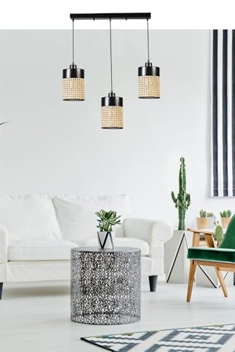 Opviq Elegant Rattan & Metal Chandelier, Adjustable Height 70 cm, 14 cm Cap Diameter, E27 Socket, Stylish Black & Natural Rattan Design for Modern Spaces von Opviq