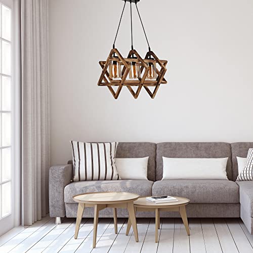 Opviq Rustic Wooden Chandelier with Metal Frame & Glass Cap, Adjustable Height 43x43x57 cm, Brown | E27 Socket, Max 40W | Perfect for Southwestern & Country Decor von Opviq