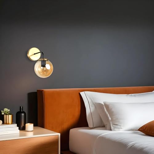 Opviq Stylish Wall Lamp with Metal Body & Glass Cap, Amber/Black/Gold, 15 cm Diameter, 25 cm Height, E27 Socket, Max 40W, Elegant Lighting for Any Room von Opviq