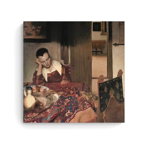 OqcEha Johannes Vermeer Poster, berühmtes Gemälde, ein schlafendes Mädchen, auf Leinwand, Wandkunst, Bild, Drucke, hängendes Foto, Geschenkidee, Dekoration, Wohnkunst, 40 x 40 cm von OqcEha