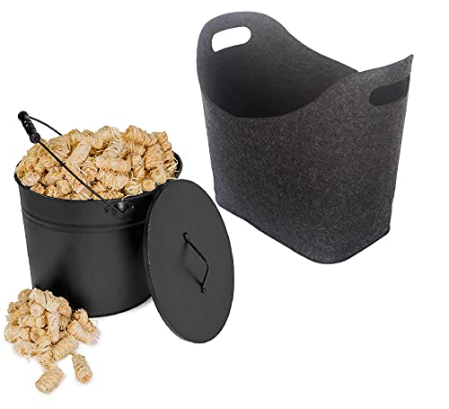 Mehrteiliges Kaminzubehör Set - 1x Ascheeimer Kohleeimer 15L mit Deckel 1x Holzwolle Bioanzünder 2,5kg mit 1x Filzkorb 45x24x40cm als Holzkorb Allzweckkorb für Brennholz (15L 2,5kg Schwarz) von Ora-Tec