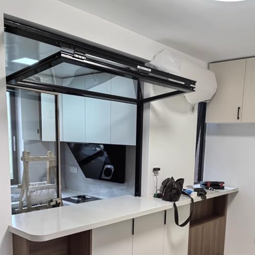 Oracra Schiebefenster Klappbare Durchreiche Vertikale Verkaufstheke für Foodtrucks Schwarzes Aluminium-Lüftungsschiebefenster mit Glas und Schlössern(34x28in(86x71cm)) von Oracra