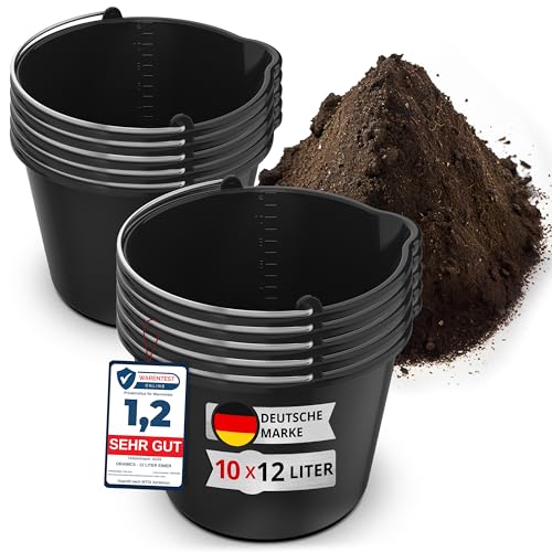 10x Oramics 12L Eimer mit Ausguss Tülle – Baueimer Kübel für Zement und Mörtel – Stabiler Wassereimer mit Skala für Haushalt, Garten, Baustellen und Landwirtschaft (10x 12 Liter Mörteleimer) von Oramics