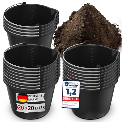 20x Oramics 20L Eimer mit Ausguss Tülle – Baueimer Kübel für Zement und Mörtel – Stabiler Wassereimer mit Skala für Haushalt, Garten, Baustellen und Landwirtschaft (20x 20 Liter Mörteleimer) von Oramics