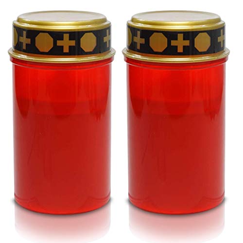 2x LED Grabkerze Grableuchte Dauerbrenner mit realistischem Flackereffekt - 12cm hohe 7cm runde rote Friedhofskerze Batteriebetrieb lang leuchtende Grablaterne Gedenkkerze für jedes Wetter (2 Kerzen) von Oramics