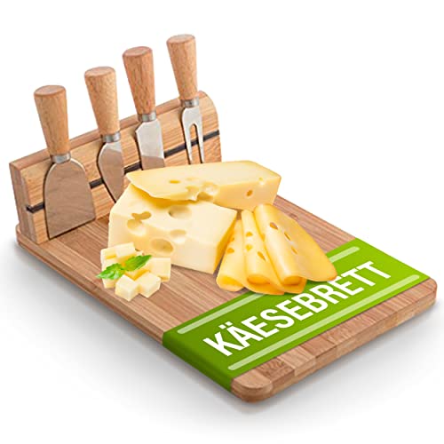 5-teiliges Käsebrett Set aus 1x Bambus Schneidebrett mit Magnethalterung für 4x Käsemesser - ca. 30x20x1,5 8,5 cm große stabile robuste Käse Servierplatte Buffet-Platte Käseplatte mit Besteck von Oramics