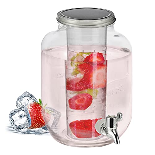 Getränkespender mit Früchte Eiswürfel Einsatz Zapfhahn und Deckel 4 Liter Wasserspender Glasbehälter Karaffe mit Kühleinsatz für Kaltgetränke Wasser Limo Bowle Eistee von Oramics