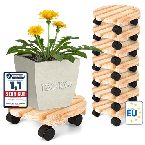 Oramics 8 Stück Pflanzenroller Rund aus Massivholz – Ø30 x 8 cm bis 120 KG belastbar – Rollbrett für Pflanzen, Blumentöpfe und Blumenkübel – Blumentopf Untersetzer mit 4 Rollen von Oramics