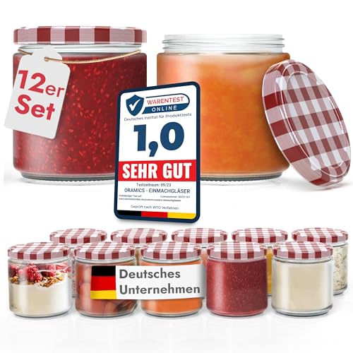 Oramics Einmachgläser 12 Stück mit Schraubdeckel 330 ml TO Ø 82mm Vorratsgläser Sturzgläser Set zum Einkochen, Konservieren und Servieren als Dessertgläser – Marmeladengläser, Aufbewahrungsgläser von Oramics