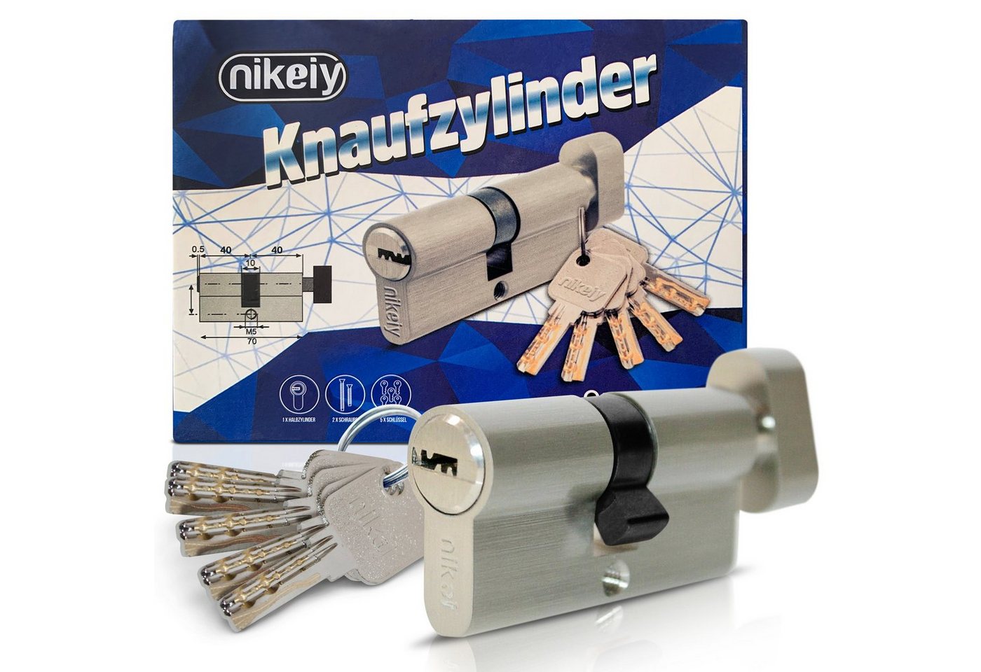 Oramics Einsteckschloss 6-Stiftiger Knaufzylinder Türzylinder 40/40 inkl. 5 Schlüssel »Knaufzylinder«, Schließzylinder mit 2 Montageschrauben (80 und 50 mm), 8-tlg., Türschloss mit 2x 6 Sperrstiften, ideales Türschloss für Innen- und Außentüren von Oramics