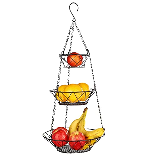 Oramics Hängekorb 3 Etagen Obstkorb zum Aufhängen – 67cm Küchenampel für mehr Platz in Ihrer Küche – Obstkorb hängend für Obst, Gemüse und vieles mehr. Etagere zum Aufhängen (Schwarz) von Oramics