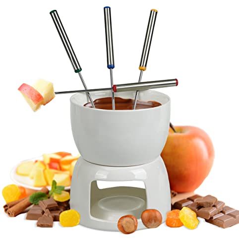 Oramics Schokofondue Set aus Porzellan mit 4 Fondue Gabeln – einfach mit Teelicht erwärmen und genießen – Schokoladenfondue Teelichtfondue Schokofondant Anlass (Porzellan) von Oramics