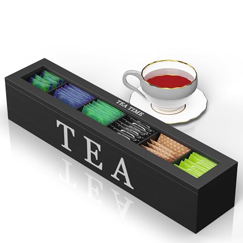 Oramics Teebox mit 6 oder 9 Fächern in Weiß oder Schwarz im edlen Holzdesign Teekiste Tee Aufbewahrung inklusive E-Book (Schwarz, 6 Fächer) von Oramics