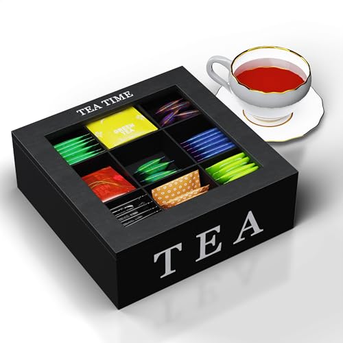 Oramics Teebox mit 6 oder 9 Fächern in Weiß oder Schwarz im edlen Holzdesign Teekiste Tee Aufbewahrung inklusive E-Book (Schwarz, 9 Fächer) von Oramics