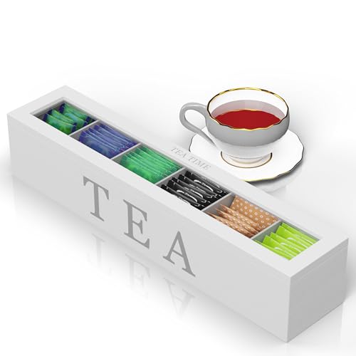Oramics Teebox mit 6 oder 9 Fächern in Weiß oder Schwarz im edlen Holzdesign Teekiste Tee Aufbewahrung inklusive E-Book (Weiß, 6 Fächer) von Oramics