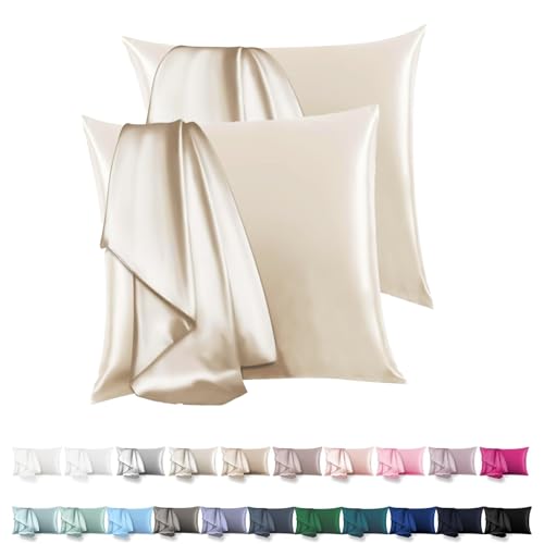 Satin Kissenbezug 80x80 2er Set - Orange Wave Vegane SeideKopfkissenbezug Resistent und Hypoallergen, Weich wie Seidenkissenbezug für Haar und Haut für Kopfkissen 80x80, Öko-Zertifikat von Orange Wave