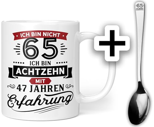 Geschenk Geburtstag 65 Tasse mit Löffel | Ich bin nicht 65 Ich bin 18 mit 47 Jahren Erfahrung | Geburtstag 65 Geschenkidee Scherzartikel Lustig | Keramik (Zum 65. Geburtstag + Löffel) von Orange9