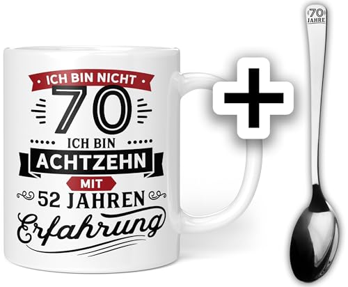 Geschenk Geburtstag 70 Tasse mit Löffel | Ich bin nicht 70 | 70 Geburtstag Mann Frau Geschenkideen Scherzartikel Lustig - Keramik 300ml (Zum 70. Geburtstag + Löffel) von Orange9