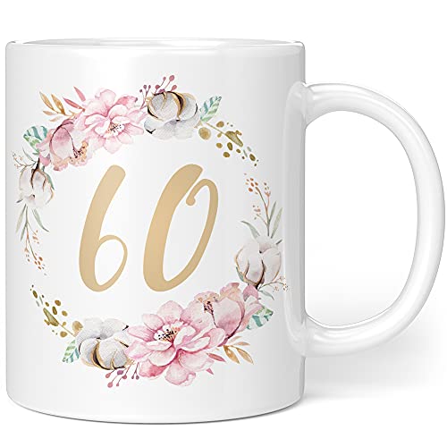 Geschenk Tasse Geburtstag 60 Frau - Geschenkideen zum 60 Geburtstag - Geburtstagsgeschenk für Frauen Blumen - Keramik 330ml von Orange9