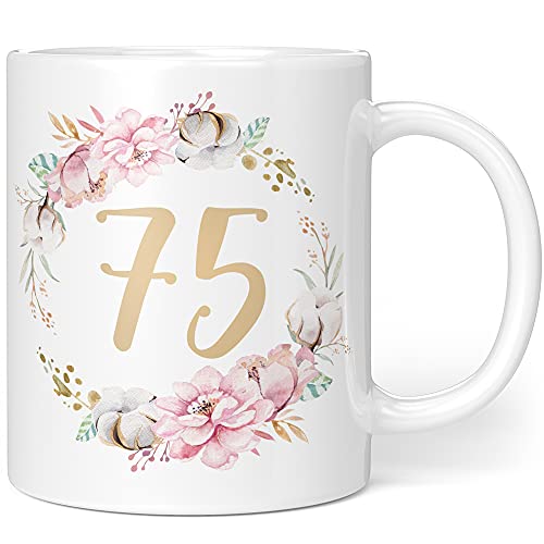 Geschenk Tasse Geburtstag 75 Frau - Geschenkideen zum 75 Geburtstag - Geburtstagsgeschenk für Frauen Blumen - 330ml von Orange9
