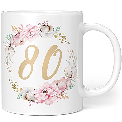 Geschenk Tasse Geburtstag 80 Frau - Geschenkideen zum 80 Geburtstag - Geburtstagsgeschenk für Frauen Blumen - Keramik 330ml von Orange9