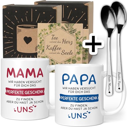 Geschenkset Mama Papa Geschenke mit Löffel - Mama Papa Geschenk Weihnachten – Mama Papa Tasse mit Spruch – Mama Papa Löffel Geschenkideen (Keramik 330ml) von Orange9