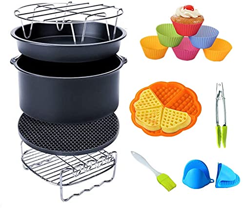 OrangeClub 10tlg.Heißluftfritteuse Zubehör Set, Zubehör Set für Airfryer Luftfritteusen Backform Pizza Pan Grillrost Dämpfen Rack Silikonform Muffinform(7in) von OrangeClub