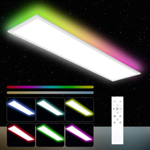 Deckenlampe LED Panel Dimmbar 120x30cm mit Fernbedienung, 40W Deckenleuchte Panel mit RGB indirekter Deckenbeleuchtung, Speicherfunktion, 3000K-6500K Tageslichtlampe für Küche Wohnzimmer Büro Garage von Oraymin