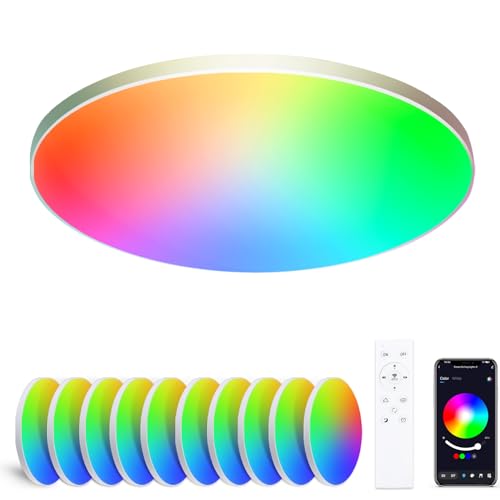 Oraymin 10 Stück LED Deckenleuchte Dimmbar mit Bluetooth, 16 Millionen 24W RGB Deckenlampe mit Fernbedienung & App Steuerung, Smart Lampen Deckenbeleuchtung Farbwechsel für Wohnzimmer Schlafzimmer Ø30, R-205BNR von Oraymin