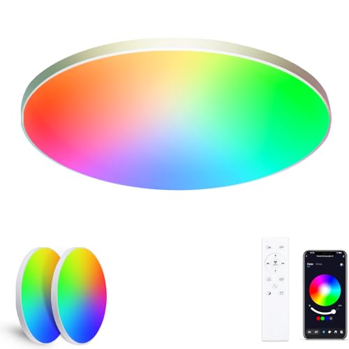 Oraymin 2 Stück LED Deckenleuchte Dimmbar mit Bluetooth, 24W 16 Millionen RGB Deckenlampe mit Fernbedienung & App, Lampen Deckenbeleuchtung Farbwechsel für Wohnzimmer Schlafzimmer Ø30x2 von Oraymin