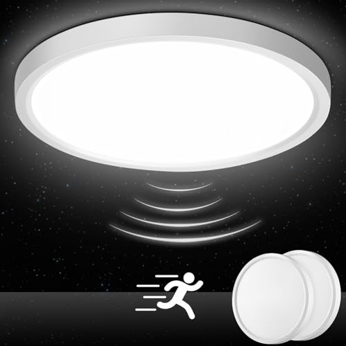 Oraymin 2 Stücke LED Deckenleuchte mit Radar Bewegungsmelder, 18W 1800LM 4000K Lampe mit Bewegungsmelder innen, IP44 Deckenlampe Flach für Treppe, Balkon, Flur, Keller, Garage, Carport, Ø 23*H2.4cm von Oraymin