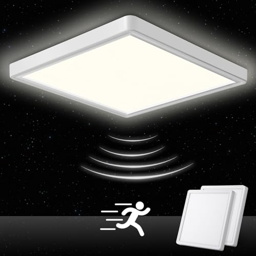 Oraymin 2 Stücke LED Deckenleuchte mit Radar Bewegungsmelder, 18W 1800LM 4000K Lampe mit Bewegungsmelder innen, IP44 LED Deckenlampe Flach für Treppe Balkon Flur Keller Garage Carport, 23*23*2.4 cm von Oraymin