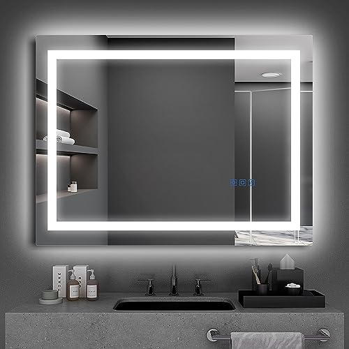 Oraymin Badspiegel mit Beleuchtung 90x70cm LED Spiegel, Antibeschlag Badezimmerspiegel mit Touch-Schalter, Dimmbar, 3000K-6000K, Speicherfunktion, IP54 LED Wandspiegel, Kaltweiß-Warmweiß von Oraymin