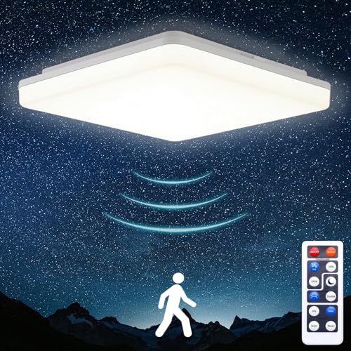 Oraymin LED Deckenlampe mit Radar Bewegungsmelder 24W 2400LM, LED Deckenleuchte mit Fernbedienung, IP54 4000K Lampe mit Bewegungsmelder Innen für Treppe Flur Keller Garage Carport, Quadratisch, 28 cm von Oraymin