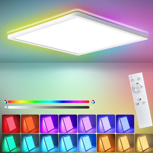 Oraymin LED Deckenleuchte Dimmbar mit Fernbedienung, 22W 2420LM 30CM/RGB Farbwechsel LED Deckenlampe Dimmbar, IP44 Quadratisch Flach Panel Lampe für Wohnzimmer Schlafzimmer Kinderzimmer 4000K Warmweiß von Oraymin