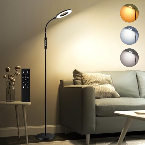 Oraymin LED Stehlampe Wohnzimmer 12W, LED Leselampe Bett mit Fernbedienung, 1H Timer & Memory Funktion, Schwanenhals 360° Verstellbar Stehlampe mit 3 Farbtemperatur, Stehlampen für Schlafzimmer Büro von Oraymin