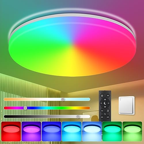 Oraymin RGB Deckenleuchte LED Dimmbar mit Fernbedienung, Deckenlampe LED Farbwechsel 36W IP54 3000K-6500K, Helligkeit Badezimmer Lampe für Wohnzimmer Schlafzimmer Kinderzimmer Küche, Rund 33CM von Oraymin