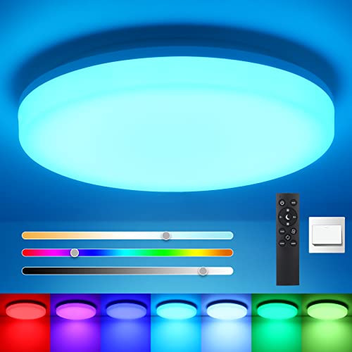 Oraymin RGB LED Deckenleuchte mit Fernbedienung, Deckenlampe LED 7 Farbwechsel 24W IP54 3000K-6500K Stufenlose Dimmbar, 2400LM Badezimmer Lampe für Wohnzimmer Schlafzimmer Küche Rund 28CM von Oraymin