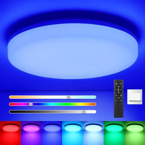 Oraymin 36W RGB LED Deckenleuchte Dimmbar mit Fernbedienung, PC Material IP54 Deckenlampe LED Farbwechsel 3000K-6500K, Wohnzimmer Lampe 3600LM für Badezimmer Schlafzimmer Kinderzimmer Küche 38m³ von Oraymin