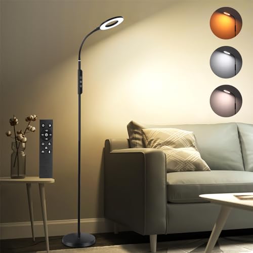 Oraymin Stehlampe LED Dimmbar 12W, Stehleuchte mit Fernbedienung, 1H Timer & Memory Funktion, 360° Schwanenhals Standlampe Wohnzimmer mit 3 Farbtemperatur & 5 Helligkeiten, Stehlampen für Büro Schwarz von Oraymin
