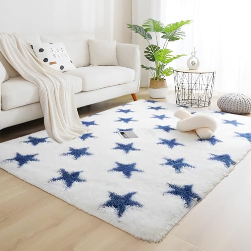 Orbezil Hochflor Teppich Wohnzimmer Blaue Sterne 200x200cm Anti-Rutsch Extra Große Teppiche Flauschige Moderne Matte Carpet Rug Mädchen Schlafzimmer und Kinderzimmer von Orbezil