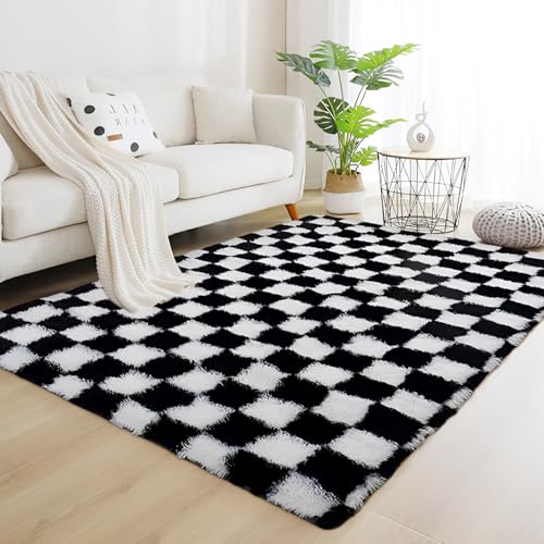 Orbezil Hochflor Teppich Wohnzimmer Schwarz-weißes Gitter 200x200cm Anti-Rutsch Extra Große Teppiche Flauschige Moderne Matte Carpet Rug Mädchen Schlafzimmer und Kinderzimmer von Orbezil