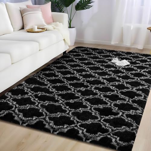 Orbezil Hochflor Teppich Wohnzimmer Schwarze Geometrie 80x150cm Anti-Rutsch Extra Große Teppiche Flauschige Moderne Matte Carpet Rug Mädchen Schlafzimmer und Kinderzimmer von Orbezil