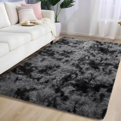 Orbezil Hochflor Teppich Wohnzimmer Tie-Dye Dunkelgrau 80x150cm Anti-Rutsch Extra Große Teppiche Flauschige Moderne Matte Carpet Rug Mädchen Schlafzimmer und Kinderzimmer von Orbezil