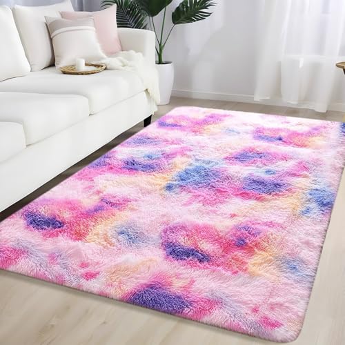 Orbezil Hochflor Teppich Wohnzimmer Tie-Dye Purpurrot 140x200cm Anti-Rutsch Extra Große Teppiche Flauschige Moderne Matte Carpet Rug Mädchen Schlafzimmer und Kinderzimmer von Orbezil