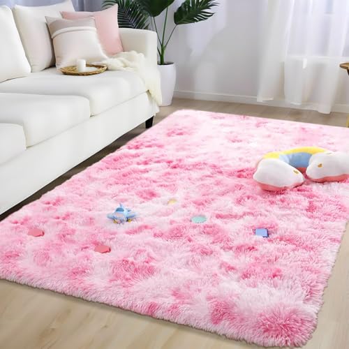 Orbezil Hochflor Teppich Wohnzimmer Tie-Dye Rosa 80x150cm Anti-Rutsch Extra Große Teppiche Flauschige Moderne Matte Carpet Rug Mädchen Schlafzimmer und Kinderzimmer von Orbezil